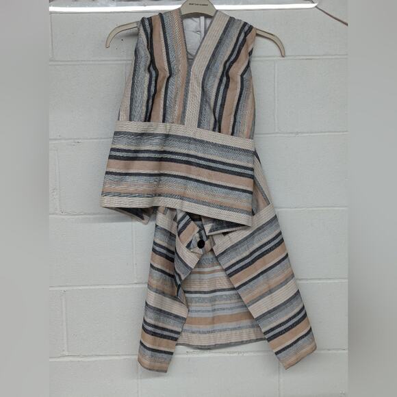 RTR sz2 Rosetta Getty Apron Wrap Halter Top Tan Black Jacquard Stripe Sleeveless - Picture 3 of 10